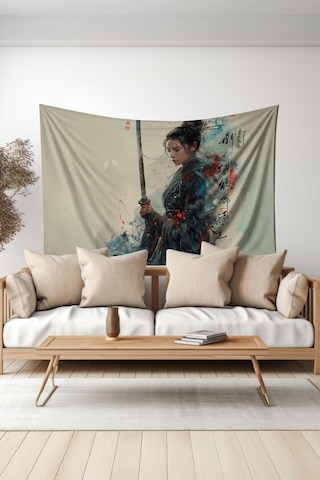 Samuray Kadın Desenli Duvar Halısı Duvar Örtüsü Tapestry Süet Dokulu Kumaş