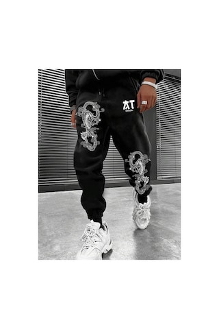 Tarzsokak Dragon & Letter Graphic Drawstring Waist Eşofman Altı Siyah