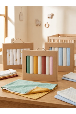 7 Li Müslin Bebek Mendili Seti + Çorap Hediyeli Pamuk Premium Kutulu Seri Açık Pembe
