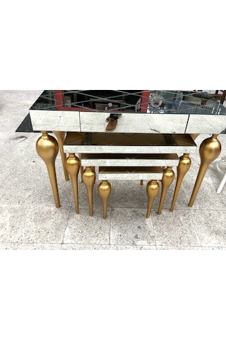 Zigon-Dresuar Sehpa TOMBUL Torna Model Parlak Gold renk Kayın Ayak çizgili  Ayna tabla  El Yapım Gold
