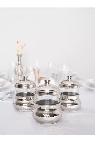 Bakır Baharatlık Camlı Hazneli Mini Boy 3'lü Set Gümüş