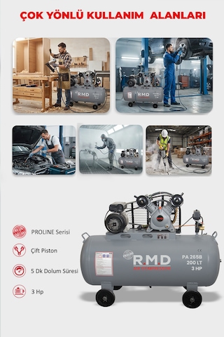 R.m.d Kompresör Hava Kompresörü Pistonlu 200 Lt 2 Kafa 8 Bar 3 Hp I Pa265b