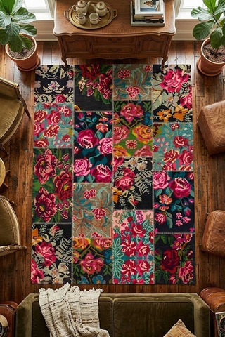 Patchwork Desen Dokuma Pamuk Taban Dijital Dekoratif Halı Kırmızı