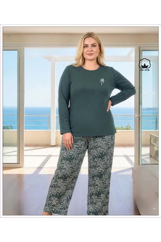 Melodi Kadın Büyük Beden %100 Pamuk Bisiklet Yaka Uzun Kollu Baharlık Pijama Takımı 17148 - 1 Adet Petrol