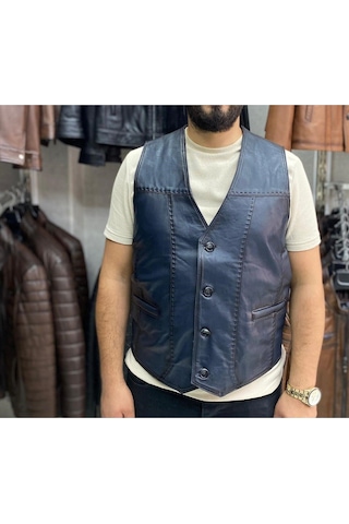 Hakiki Deri Lacivert Renk Yelek Slim Fit Kesim Lacivert