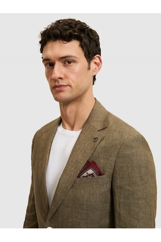 Cacharel Haki Slim Fit %100 Keten Mikro Desen Mono Yaka Ceket Yesıl