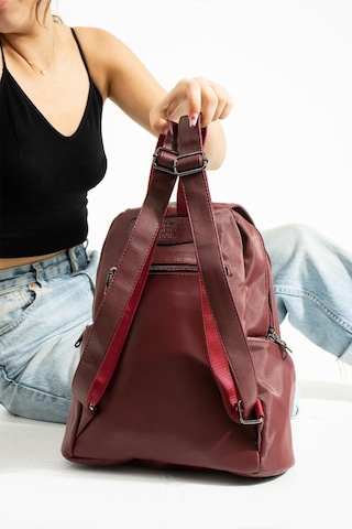 Baginn Saten Kumaş Kadın Sırt Çantası 33 23 Cm Yağmur İtici Kumaş Mega Bag Kapaklı Taşlı Model Bordo
