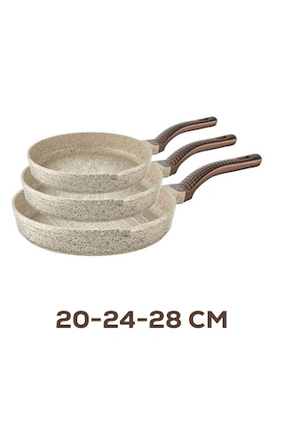 Oms 3738 Biogranit Döküm Grill Ergonomik Saplı 3 Parça Tava Seti Kum Beji 20-24-28cm Kum Beji