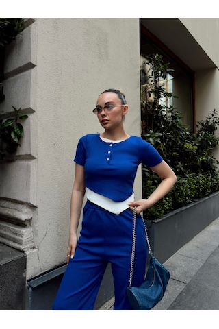 Byb Moda Tasarım Düğme Yakalı Saks Alt Üst Takım S3943 Saks