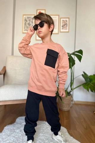 Cep Detaylı Erkek Çocuk Soft Turuncu Renk Eşofman Takım Turuncu
