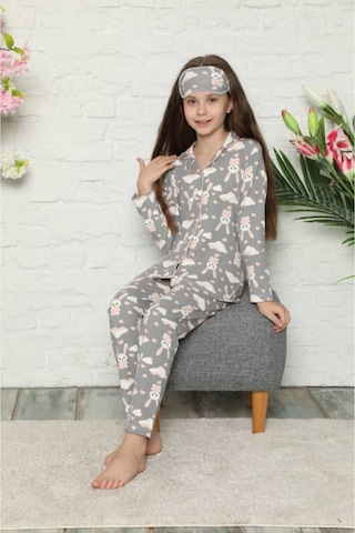 Kız Çocuk Gri Tavşan Desenli Uzun Kollu Pijama Takımı. Göz Bandı Dahildir. Gri - Beyaz