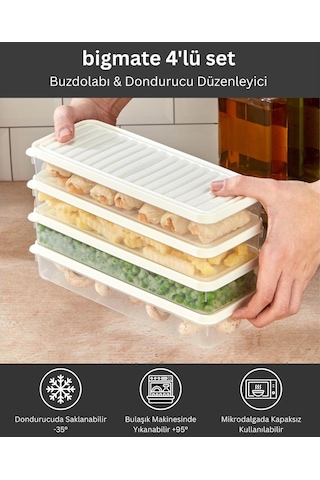 Bigmate Bgmt1515 4'lü Şeffaf Saklama Kabı 4x1 Lt Mikrodalga Buzdolabı Ve Dondurucu Uyumlu Düzenleyici Krem