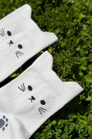 Lousocks Unisex Kedi Kulaklı Pati Desenli Gri Melanj Soket Çorap