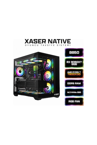 Xaser Native X190 R7 7800X3D 16 GB 512 GB M.2 Nvme SSD 8 GB RX9060XT Free Dos Masaüstü Oyuncu Bilgisayarı