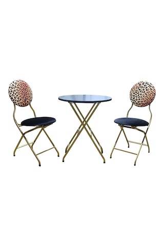 Katlanabilir Leopar Desenli Gold Metal Masa Ve Sandalye Takımı -
