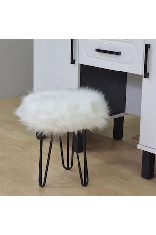 Beyaz Peluş Puf Tabure, Siyah Renk Metal Ayaklı Yumuşak Oturma Pufu 38x37 Cm - Yatak Odası, Salon Pufu Beyaz
