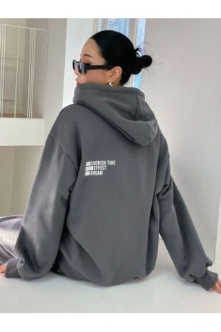 Clayes Effect Sweatshirt - Füme Baskılı Oversize Kapüşonlu Gri