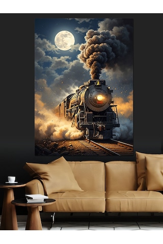 Ahşap Tablo Gece Vakti Işıldayan Eski Buharlı Tren