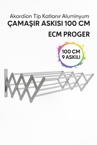 Ecm Proger Akordiyon Katlanabilir Çamaşır Kurutma Askısı - 100 Cm Genişlik 9 Çubuklu Model Açık Gri
