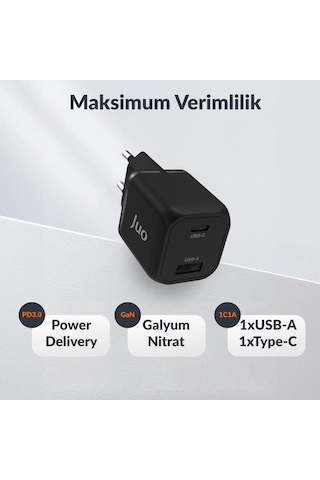 Juo 35W GaN USB-C + USB-A Şarj Aleti iPhone & iPad & Samsung PPS Uyumlu PD QC4.0 Type-C Hızlı Şarj Cihazı Siyah