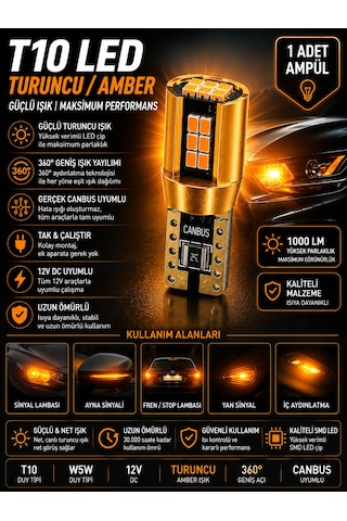 Wy5w T10 Amber Turuncu Led Sinyal Ve Park Ampulü Canbus Hatasız Ultra Parlak 1 Adet