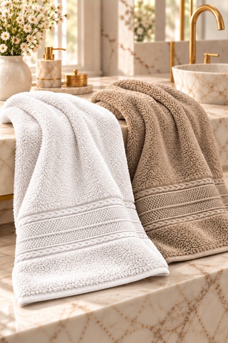 Puffy 2 Adet %100 Bambu Renkli Çavuş Desenli Ultura Yumuşak 50x85 Cm Havlu / Yüz Havlusu / Saç Havlusu / Çeyiz Seti Beyaz