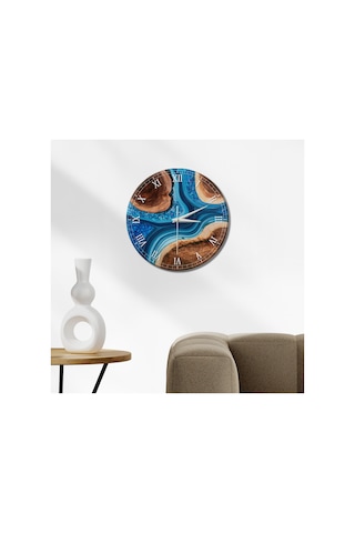 Epoxy Görünümlü Dekoratif Duvar Saati 33 Cm Uv Baskılı Mdf Duvar Saati Mavi