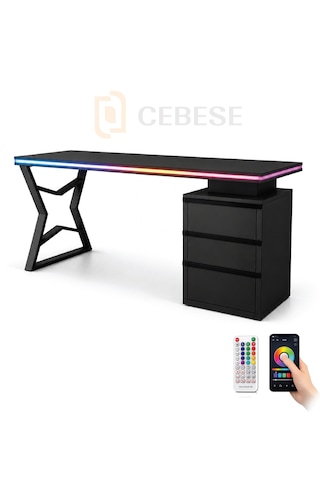 Bilgisayar Masası + Rgb Led - 170 65 77 Cm Kumandalı Ve Telefon Kontrollü Siyah