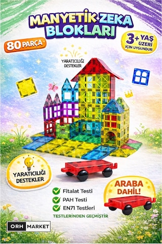 Arabalı 80 Parça 7.5cm Büyük Boy Manyetik Blok Seti | Güçlü Mıknatıslı Zeka Geliştirici Eğitici Oyuncak