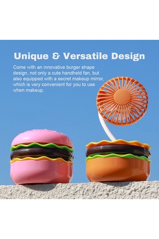 Kosona Usb Şarjlı 360 Ayarabilir Mini El Venti, Güzellik Aynalı Ve Taşınabilir, Hamburger Desenli Mavi Rüzgar, Yaz İçin Pratik - Pembe