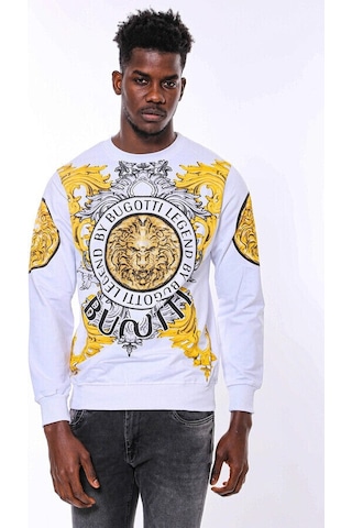 Beyaz Baskılı Ve Taşlı Bisiklet Yaka Sweatshirt - Wessi Siyah