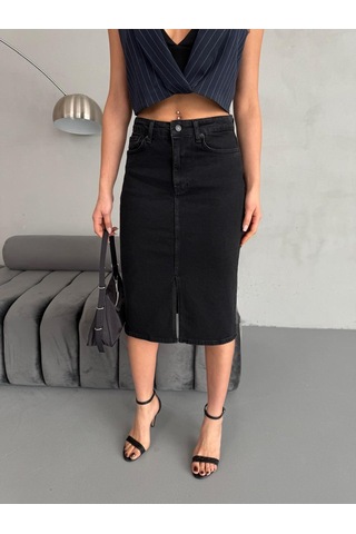 Zeo Basic Yırtmaçlı Midi Boy Likralı Jean Etek Siyah+Füme