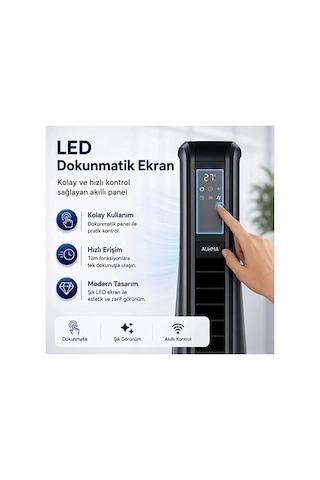 Turbo Smart Akıllı Fan Auhma Led Ekranlı Kumandalı 90 Hareketli Serinletici Soğutucu Kule Tipi Vant