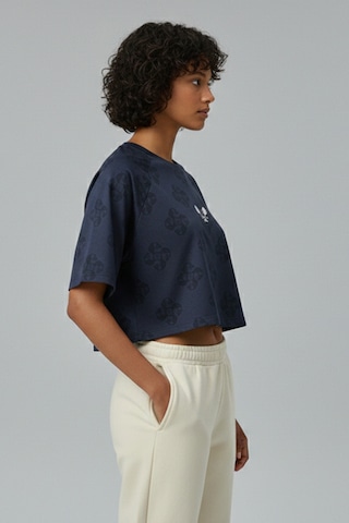 Soft&Basic Kadın Nakışlı %100 Organik Pamuk Bisiklet Yaka Kısa Crop T-shirt Lacivert