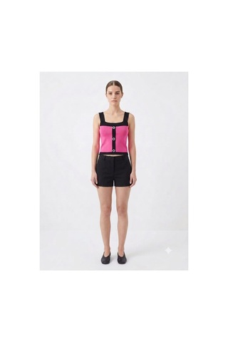 Onno Style Women Kolsuz Askılı Düğme Detaylı Kadın Triko Bluz Pembe