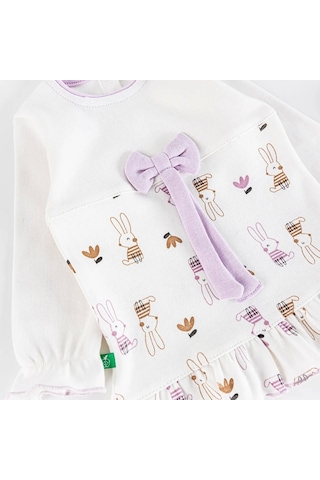 Tavşan Detaylı Fiyonklu 5 Parça %100 Pamuk Kız Bebek Hastane Çıkışı Lila