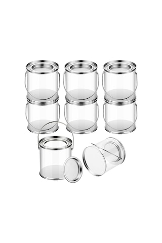 Xurunkeji Metal Kapaklı Ve Saplı Şeffaf Boya Kovası Dekoratif Şeffaf Plastik Kova Saklama Şeffaf Boya Kutusu 8'li Paket