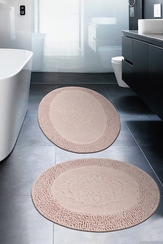 Tiffany Oval 2'li Pamuklu Klozet Takımı Pudra Banyo Paspas Seti 60 x 100 / 50 x 60 CM Pudra