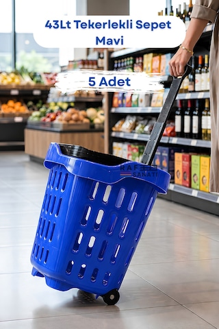 5 Adet - 43 Lt Tekerlekli Market Sepeti Plastik Alışveriş Sepeti Ergonomik Çift Saplı Mavi