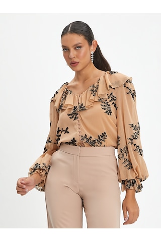 Kadın Fırfırlı Çiçek Desenli Gömlek - Volanlı Kol Ve V Yaka Detaylı Siyah-bej