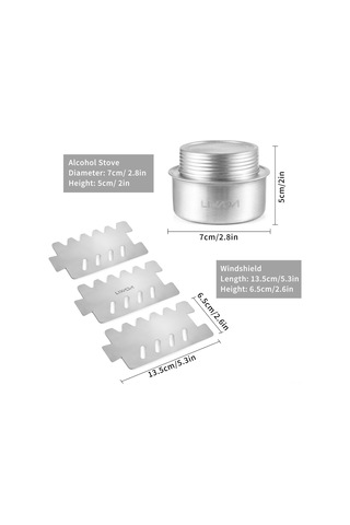 Jeemson Kamp Ve Bisiklet Turları İçin 100ml Alüminyum Alkol Ocası + 3 Parça Paslanmaz Çelik Rüzgar Engelleyici Beyaz Kutulu Gümüş