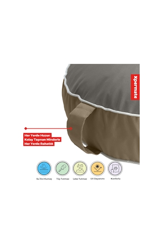Xpermate Fermuarlı Yıkanabilir Puf Minder Yer Minderi Yuvarlak Gri Bej
