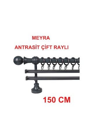 Meyra Demonte Başlıklı Ahşap Rustik Perde Askısı - Çift Raylı -antrasit 150 Cm Antrasit