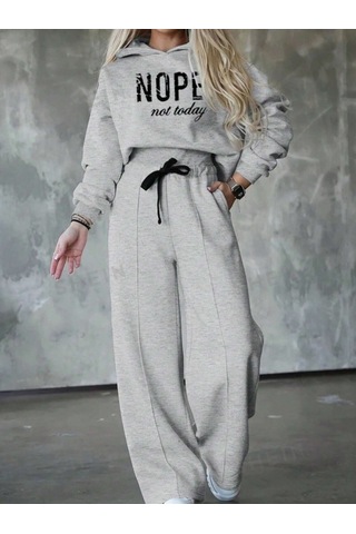 Kadın Uzun Kollu Nope Baskılı Beli Ribanalı Ikili Takım Gri