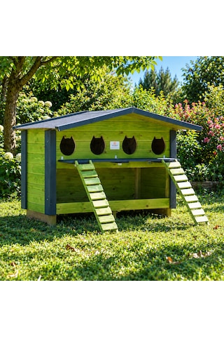 4 Yuvalı Mamalıklı Ahşap Kedi Evi Yeşil Renk