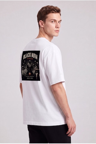 Black Nova Oversize Baskılı Unisex Tişört Lone Rider With Text Beyaz