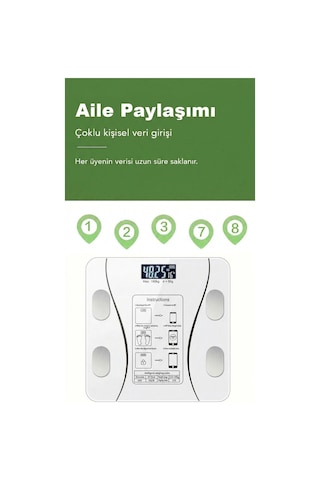 Dijital Bluetooth Baskül - Yağ Su Kas Vücut Kitle Endeksi Kilo Ölçer Tartı Vücut Analiz Cihazı Beyaz