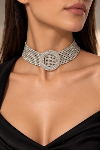 Valmont Kristal Taşlı 32+11 Cm Choker Işıltılı Şık Kadın 9 Sıra Su Yolu Tasma Kolye Gümüş