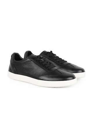Lbr Erkek Sneaker Siyah %100 Hakiki Deri Lazer Delik Detaylı Bağcıklı Beyaz Kauçuk Taban Günlük Ayakkabı H1123