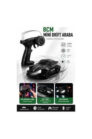 8cm 1:64 Ölçek Uzaktan Kumandalı Drift Araba Led Işıklı Şarjlı Oyuncak Siyah